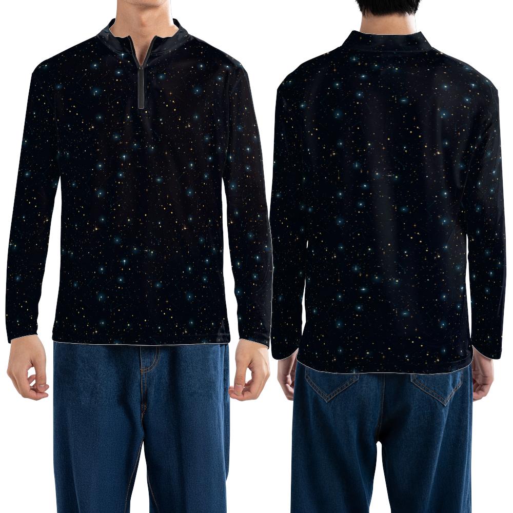 Constellation Quarter Zip Men Athletic Shirt, Space Galaxy Long Sleeve 1/4 Zip Golf Jersey Moisture Wicking Running Sport Lightweight Tshirt