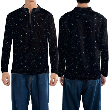 Constellation Quarter Zip Men Athletic Shirt, Space Galaxy Long Sleeve 1/4 Zip Golf Jersey Moisture Wicking Running Sport Lightweight Tshirt