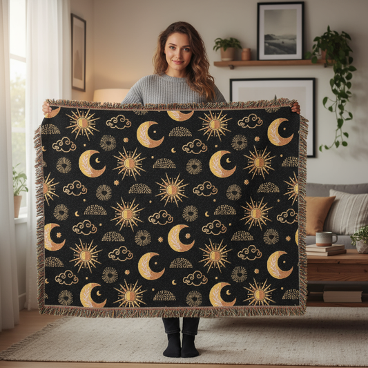 Sun Moon Woven Throw Blanket Tapestry, Celestial Space Boho Vintage Cotton Fringe Cozy Warm Adult Kids Small Large Sofa Bed 50x60 Decorative