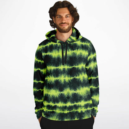 Lime Green Tie Dye Hoodie, Green Shibori Charcoal Striped Pullover Men Women Adult Cotton Hooded Sweatshirt Pockets Designer Plus Size