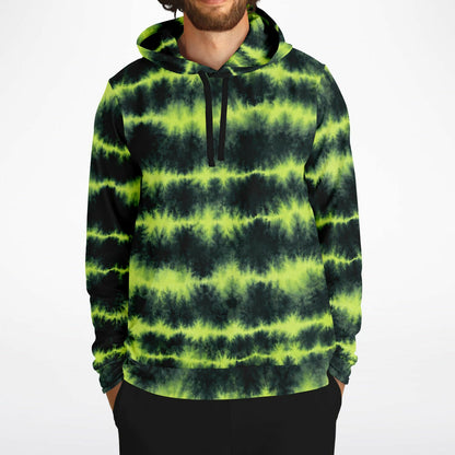 Lime Green Tie Dye Hoodie, Green Shibori Charcoal Striped Pullover Men Women Adult Cotton Hooded Sweatshirt Pockets Designer Plus Size