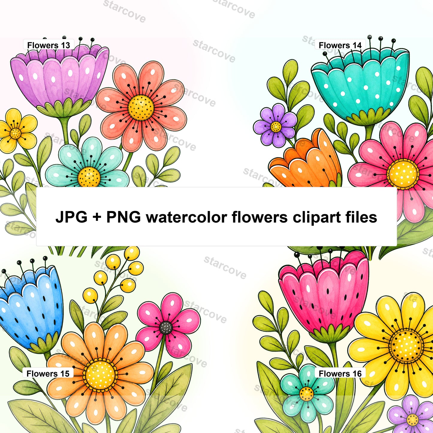 20 Watercolor Flowers Clipart Bundle Digital Instant Download PNG Jpg Files, Whimsical Cute Art Print Free Commercial Use Sublimation Design - Starcove Fashion