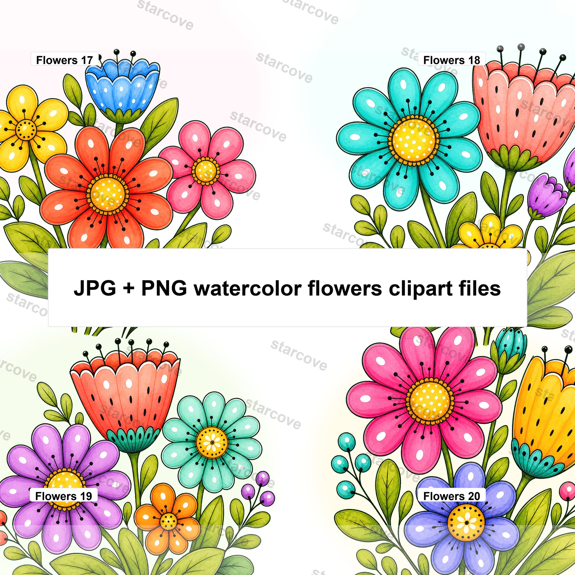20 Watercolor Flowers Clipart Bundle Digital Instant Download PNG Jpg Files, Whimsical Cute Art Print Free Commercial Use Sublimation Design - Starcove Fashion