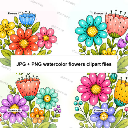 20 Watercolor Flowers Clipart Bundle Digital Instant Download PNG Jpg Files, Whimsical Cute Art Print Free Commercial Use Sublimation Design - Starcove Fashion
