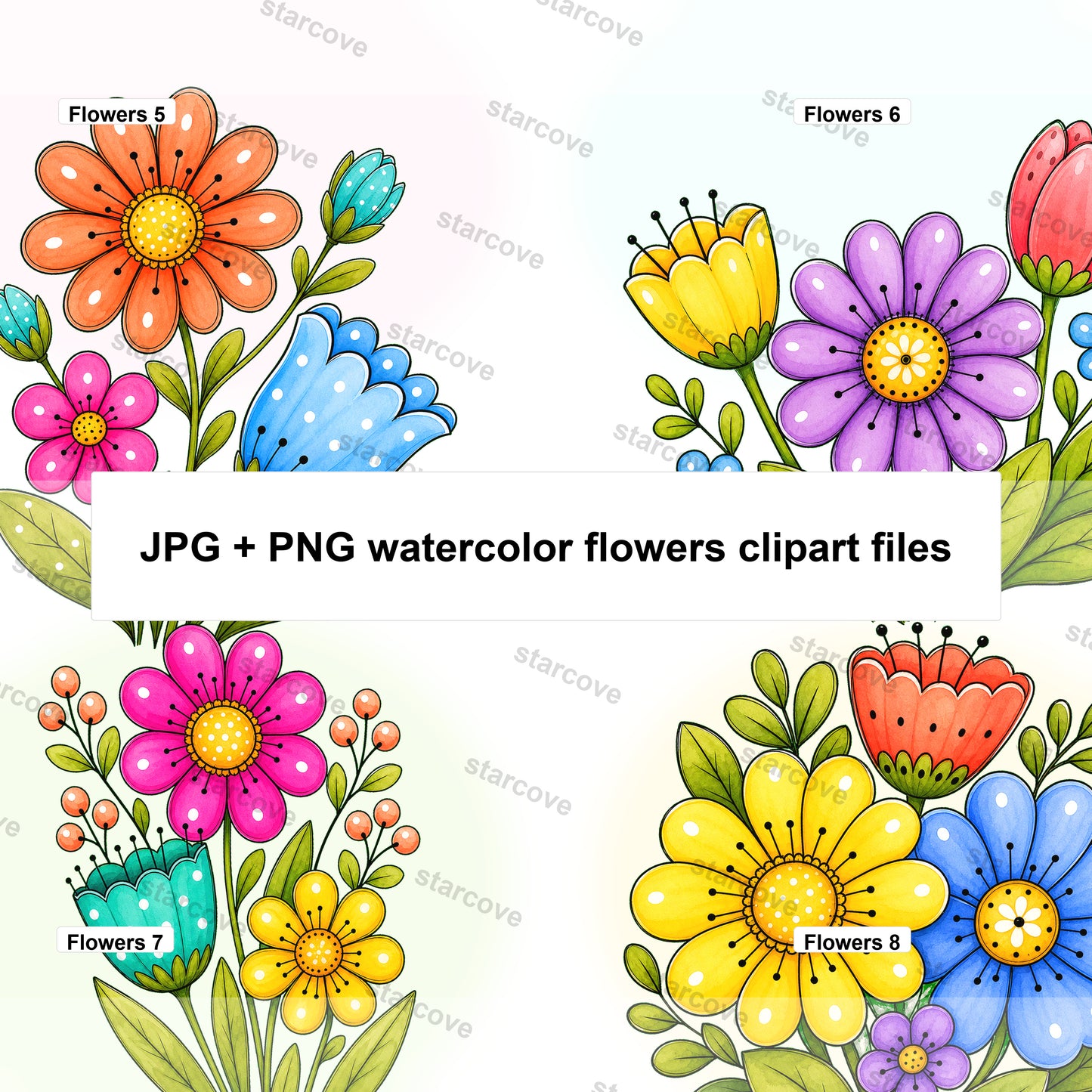 20 Watercolor Flowers Clipart Bundle Digital Instant Download PNG Jpg Files, Whimsical Cute Art Print Free Commercial Use Sublimation Design - Starcove Fashion