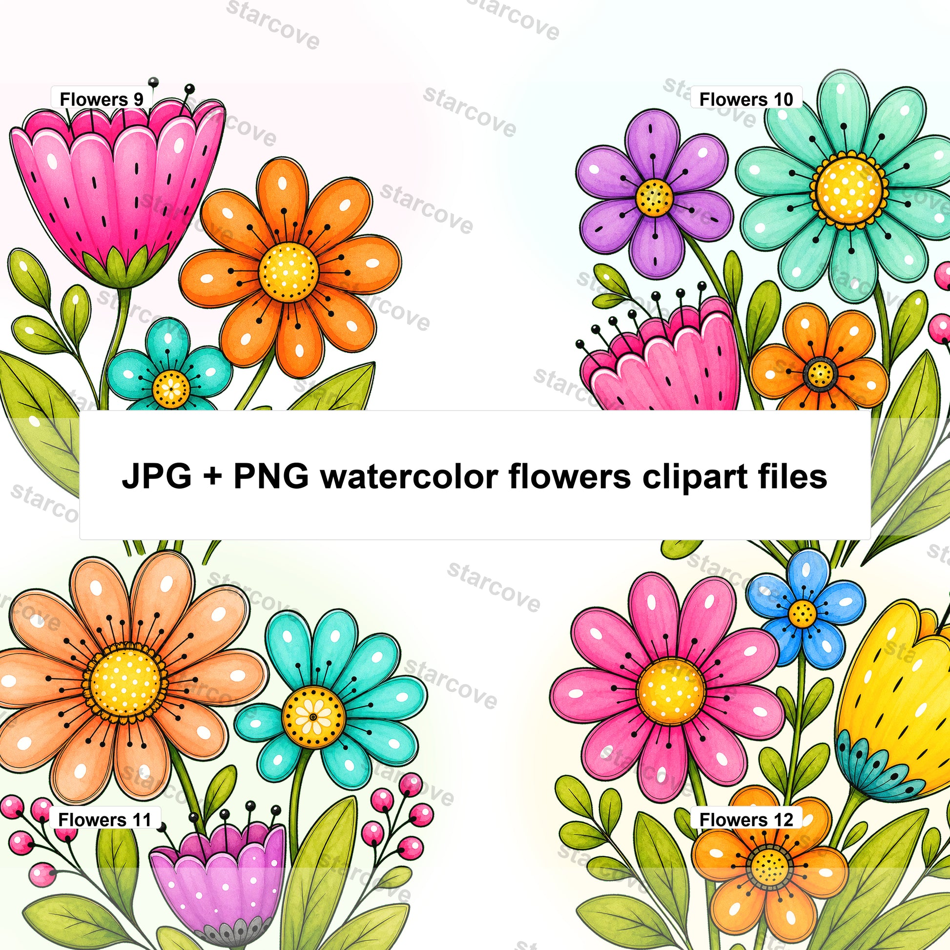 20 Watercolor Flowers Clipart Bundle Digital Instant Download PNG Jpg Files, Whimsical Cute Art Print Free Commercial Use Sublimation Design - Starcove Fashion