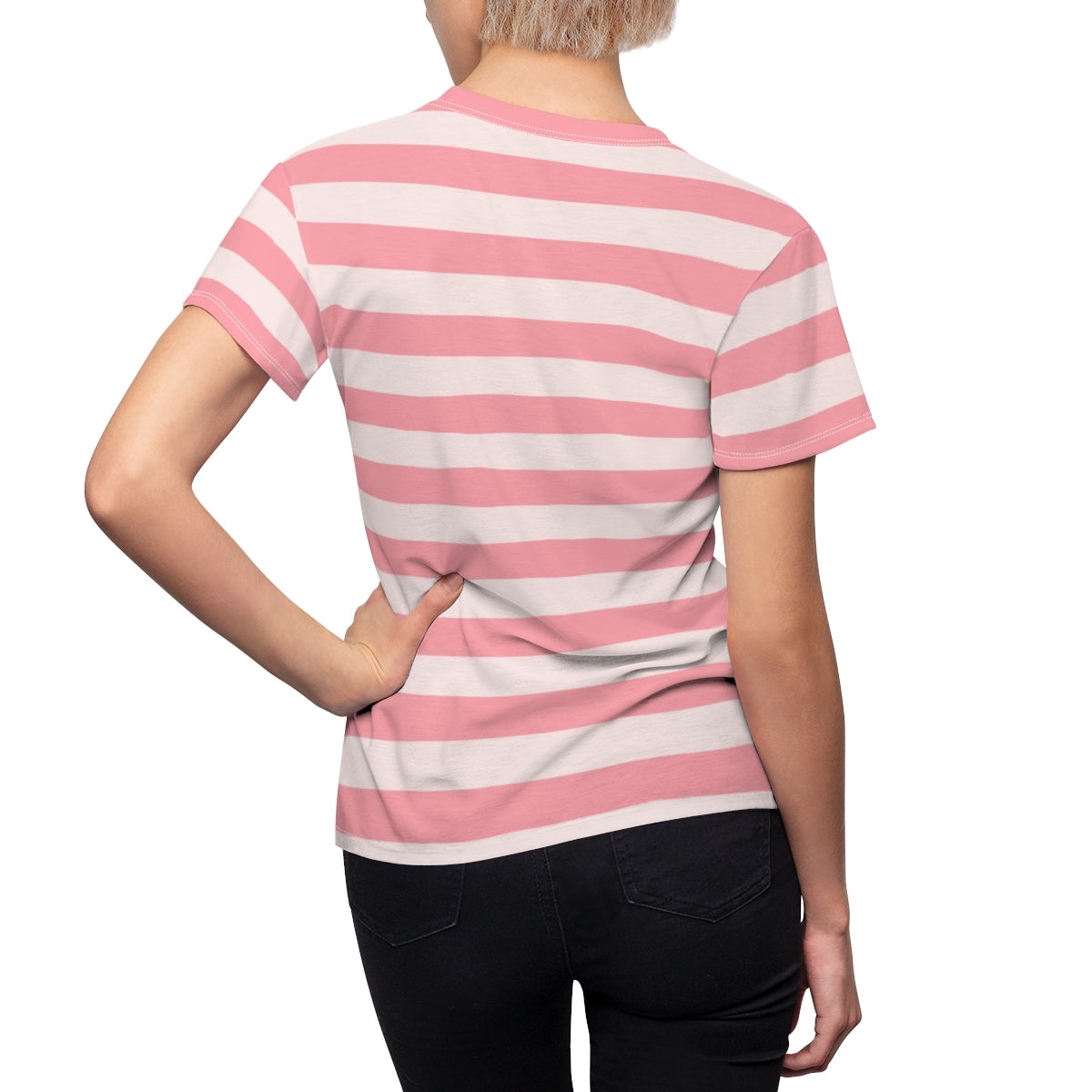 Pink and White Striped Women Tshirt, Ladies Vintage Retro Designer Adult Female Aesthetic Fashion Fitted Crewneck Tee Shirt Top Starcove Fashion