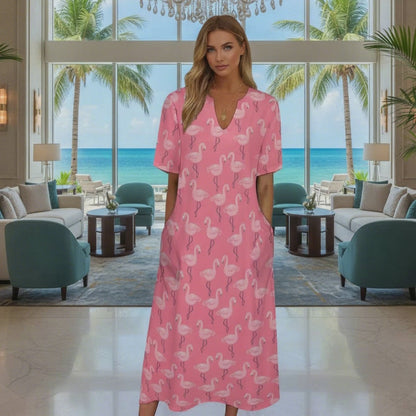 Pink Flamingo Women Maxi Dress, V-Neck Print Short Sleeve Evening Summer Cocktail Ladies Handmade Designer Plus Size Party Outfit Pockets