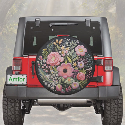 Pink Flowers Spare Tire Cover, Faux Embroidery Printed Floral Wheel Accessories Unique Design Backup Camera Hole Trailer Back Women RV Gift