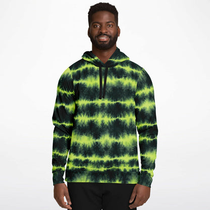 Lime Green Tie Dye Hoodie, Green Shibori Charcoal Striped Pullover Men Women Adult Cotton Hooded Sweatshirt Pockets Designer Plus Size