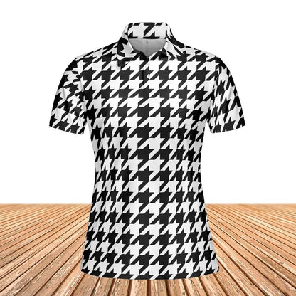 Houndstooth Women Polo Shirt, Black White Slim Fit Short Sleeve Collared Casual Summer Buttoned Down Up Sports Golf Tee Top