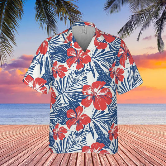 Red White Blue Men Hawaiian Shirt, Tropical Flowers Floral Print Vintage Summer Hawaii Aloha Moisture Wicking Beach Plus Size Button Up