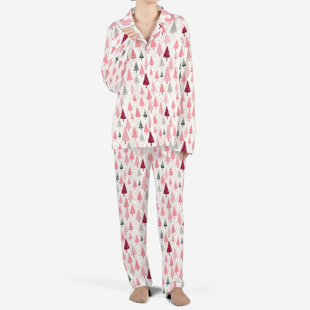 Pink Christmas Trees Women Pajamas Set, Xmas Ladies Female 2 Piece Pants Print Long Sleeve Top PJ Holiday Cozy Sleep Sleepwear