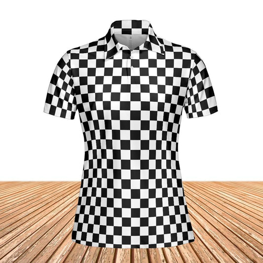 Checkered Women Polo Shirt, Black White Check Racing Flag Slim Fit Short Sleeve Collared Casual Summer Buttoned Down Up Sports Golf Tee Top