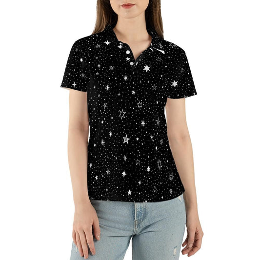 Stars Women Polo Shirt, Space Black White Female Ladies Slim Fit Short Sleeve Collared Casual Buttoned Down Up Sports Golf Tee Top Tshirt