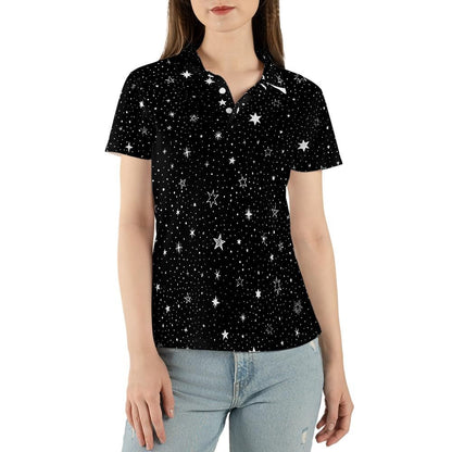 Stars Women Polo Shirt, Space Black White Female Ladies Slim Fit Short Sleeve Collared Casual Buttoned Down Up Sports Golf Tee Top Tshirt