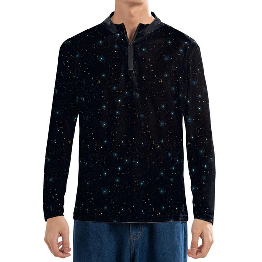 Constellation Quarter Zip Men Athletic Shirt, Space Galaxy Long Sleeve 1/4 Zip Golf Jersey Moisture Wicking Running Sport Lightweight Tshirt