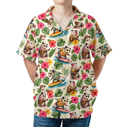 Funny Opossum Men Hawaiian Shirt,  Possum Surf Print Vintage Retro Summer Hawaii Aloha Tropical Beach Plus Size Cool Button Up Shirt