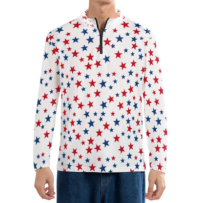 Red White Blue Stars Quarter Zip Men Shirt, American Patriotic Long Sleeve 1/4 Athletic Golf Jersey Moisture Wicking Running Sports Tshirt