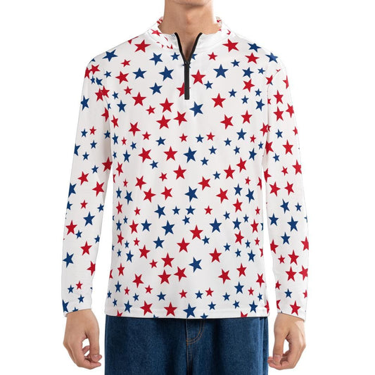 Red White Blue Stars Quarter Zip Men Shirt, American Patriotic Long Sleeve 1/4 Athletic Golf Jersey Moisture Wicking Running Sports Tshirt