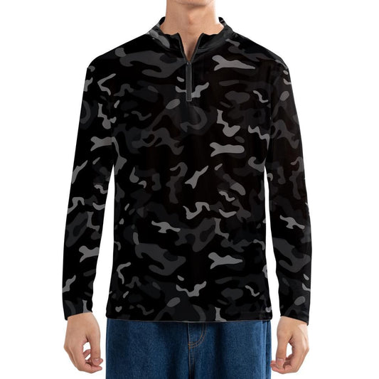 Black Camo Quarter Zip Men Shirt, Grey Camouflage Long Sleeve 1/4 Zip Athletic Golf Jersey Moisture Wicking Running Lightweight Sport Tshirt