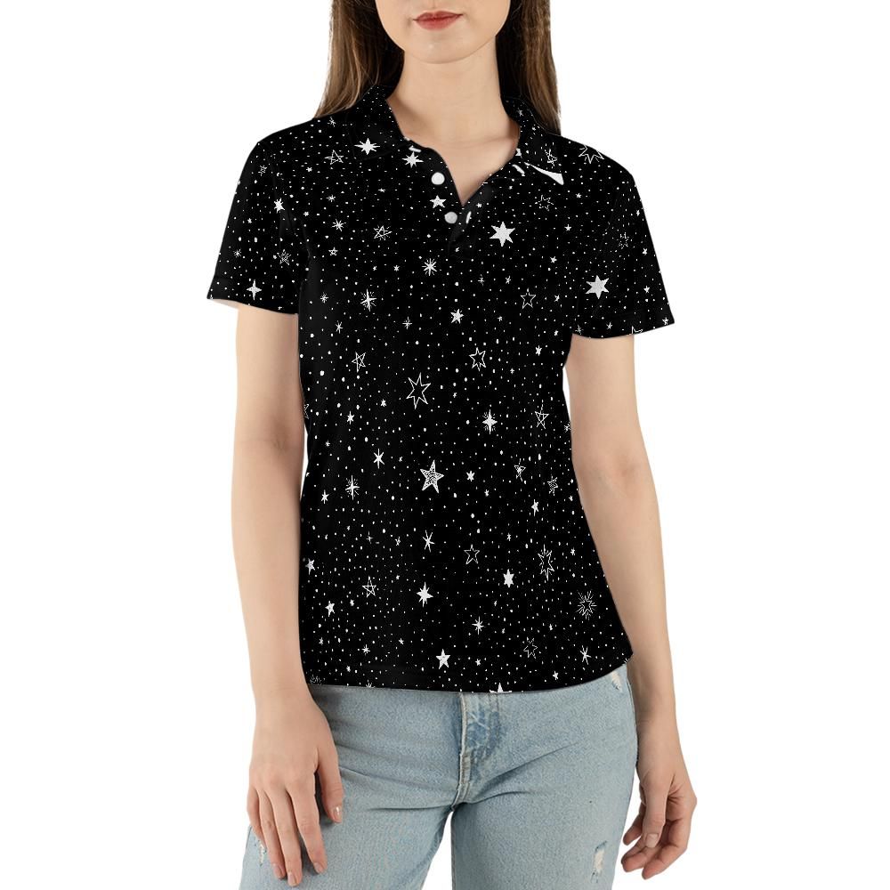 Stars Women Polo Shirt, Space Black White Female Ladies Slim Fit Short Sleeve Collared Casual Buttoned Down Up Sports Golf Tee Top Tshirt