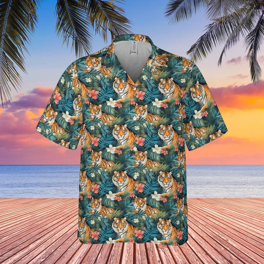 Tiger Men Hawaiian shirt, Animal Print Vintage Retro Summer Hawaii Aloha Tropical Beach Plus Size Cool Button Up Male Golf Shirt