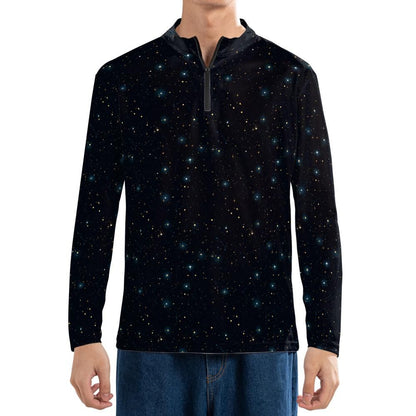 Constellation Quarter Zip Men Athletic Shirt, Space Galaxy Long Sleeve 1/4 Zip Golf Jersey Moisture Wicking Running Sport Lightweight Tshirt