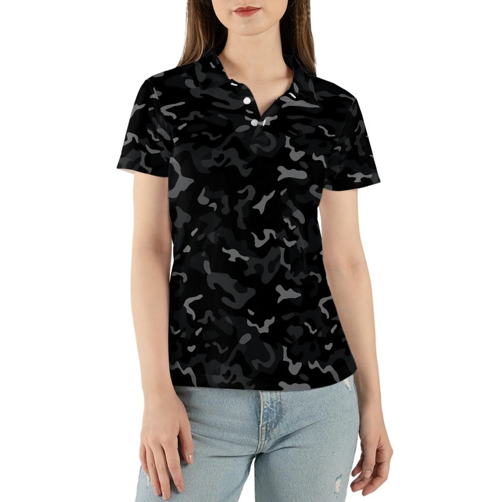 Black Camo Women Polo Shirt, Grey Camouflage Female Ladies Golf Slim Fit Short Sleeve Collared Casual Buttoned Down Up Sports Tee Top Tshirt - Starcove Fashion
