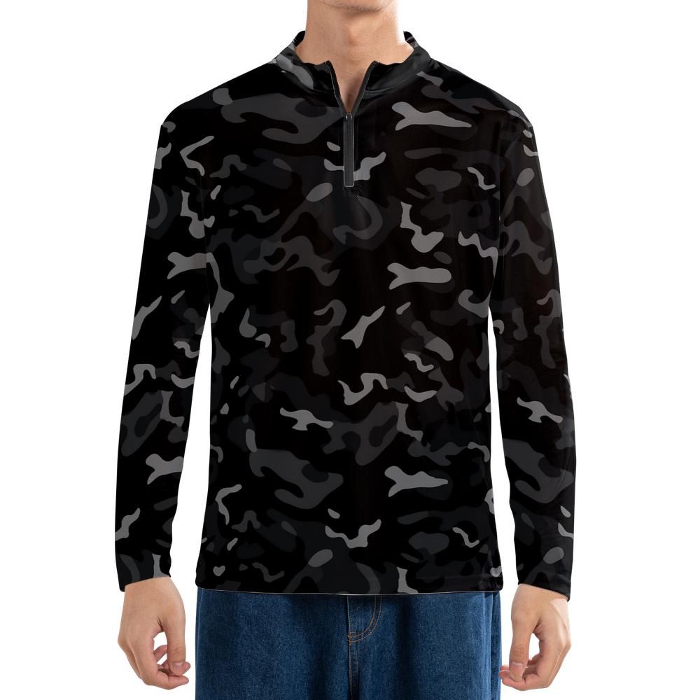Black Camo Quarter Zip Men Shirt, Grey Camouflage Long Sleeve 1/4 Zip Athletic Golf Jersey Moisture Wicking Running Lightweight Sport Tshirt