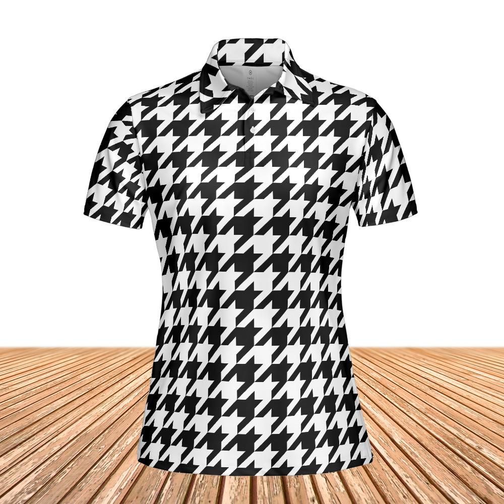 Houndstooth Women Polo Shirt, Black White Slim Fit Short Sleeve Collared Casual Summer Buttoned Down Up Sports Golf Tee Top