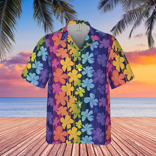 Rainbow Men Hawaiian Shirt, Tropical Flowers Floral Print Vintage Summer Hawaii Aloha Moisture Wicking Beach Plus Size Button Up