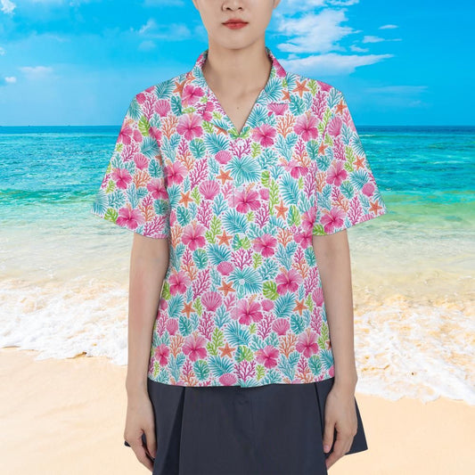 Pink Women Hawaiian shirt, Tropical Floral Ladies Print Vintage Retro Summer Hawaii Aloha Tropical Beach Plus Size Cool Button Up Shirt