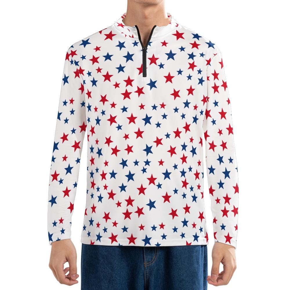 Red White Blue Stars Quarter Zip Men Shirt, American Patriotic Long Sleeve 1/4 Athletic Golf Jersey Moisture Wicking Running Sports Tshirt