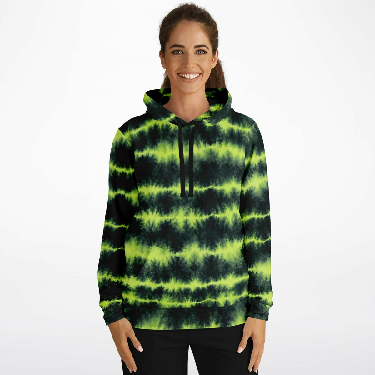 Lime Green Tie Dye Hoodie, Green Shibori Charcoal Striped Pullover Men Women Adult Cotton Hooded Sweatshirt Pockets Designer Plus Size