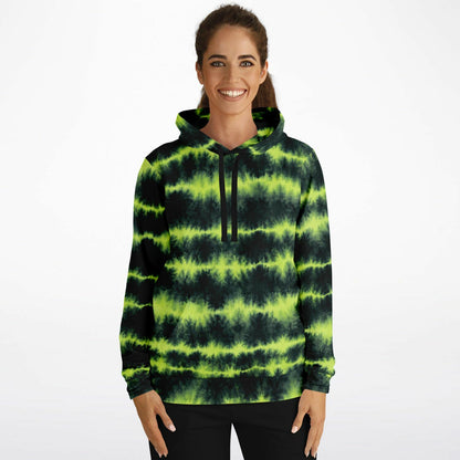Lime Green Tie Dye Hoodie, Green Shibori Charcoal Striped Pullover Men Women Adult Cotton Hooded Sweatshirt Pockets Designer Plus Size