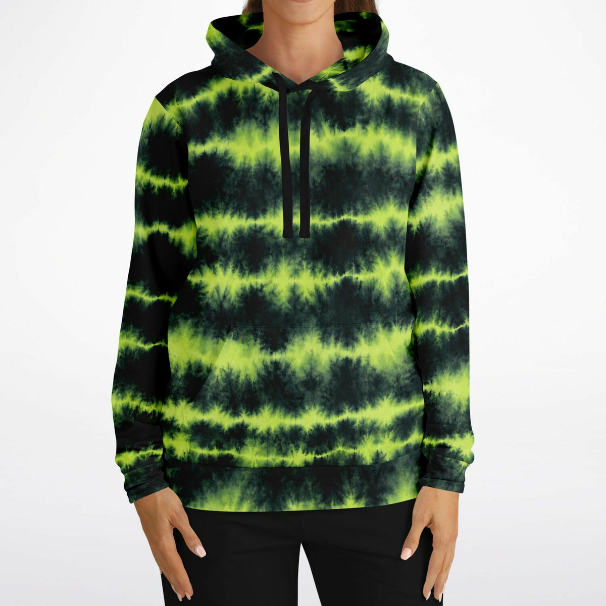 Lime Green Tie Dye Hoodie, Green Shibori Charcoal Striped Pullover Men Women Adult Cotton Hooded Sweatshirt Pockets Designer Plus Size