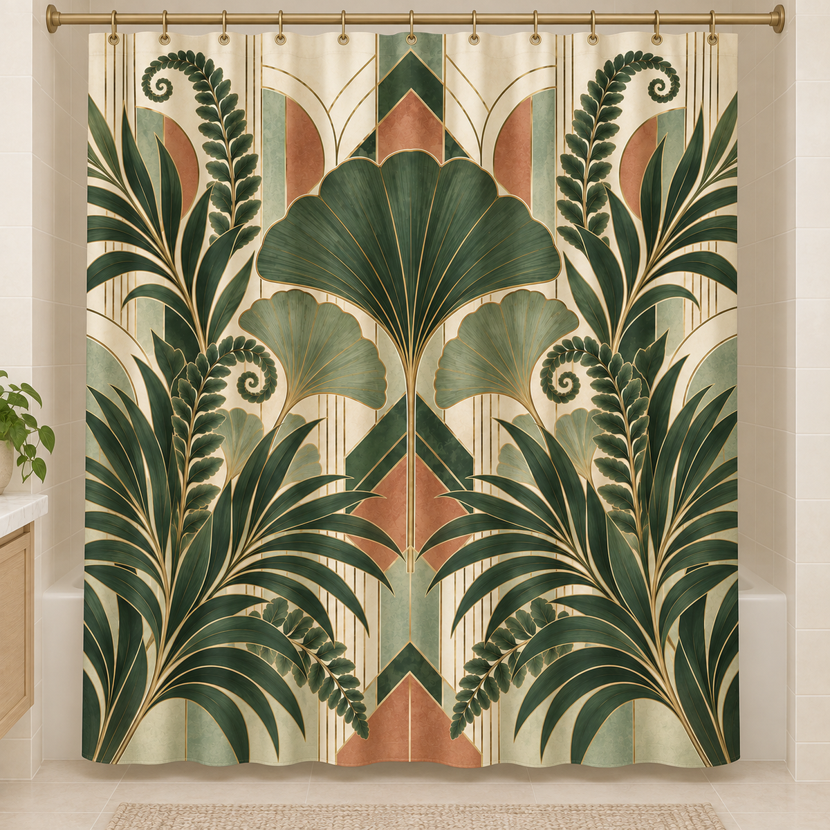 Art Deco Botanical Shower Curtain, Ginkgo Leaves Palm Fronds Ferns Plant Nature Waterproof Fabric Bathroom Decor Housewarming Gift 71" x 74"