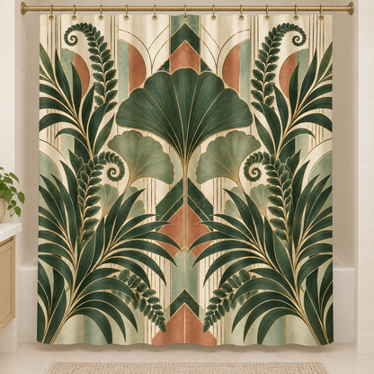 Art Deco Botanical Shower Curtain, Ginkgo Leaves Palm Fronds Ferns Plant Nature Waterproof Fabric Bathroom Decor Housewarming Gift 71" x 74"