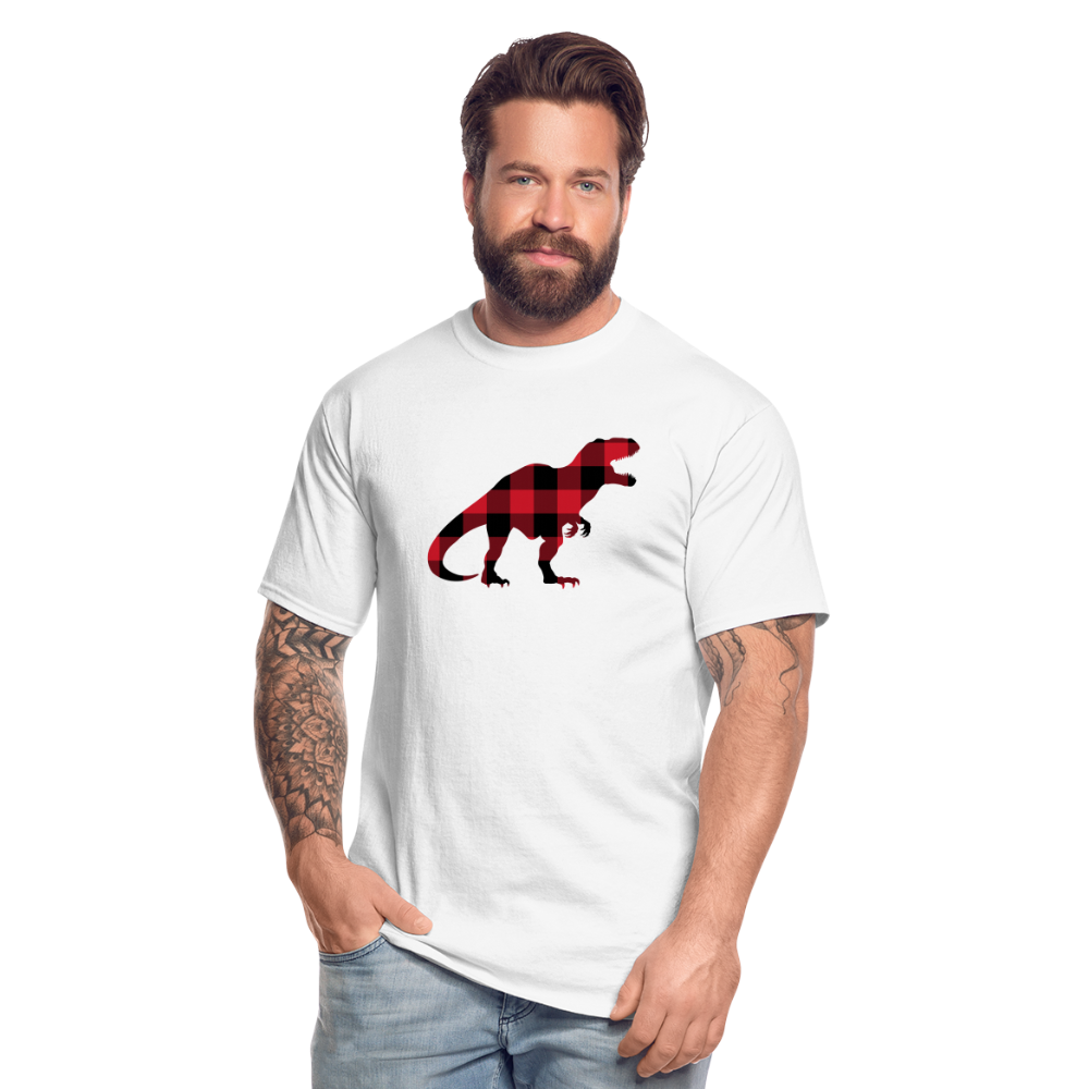 Trex Dino Tall Tshirt, Big Red Buffalo Plaid Check Dinosaur Graphic Aesthetic Crewneck Men Women Tee Top Short Sleeve Shirt - white