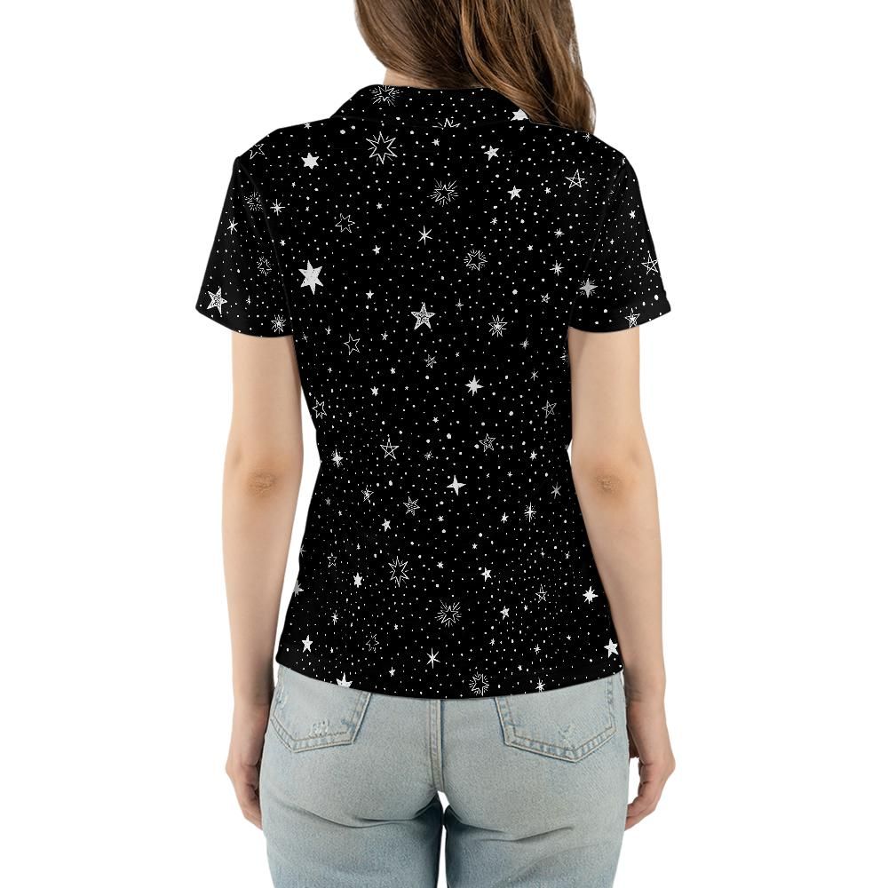 Stars Women Polo Shirt, Space Black White Female Ladies Slim Fit Short Sleeve Collared Casual Buttoned Down Up Sports Golf Tee Top Tshirt
