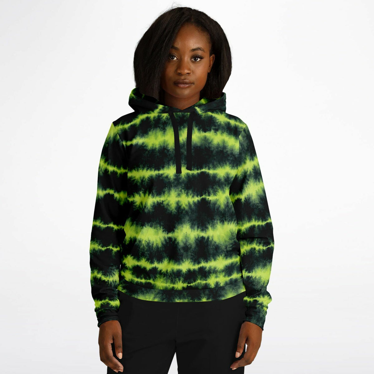 Lime Green Tie Dye Hoodie, Green Shibori Charcoal Striped Pullover Men Women Adult Cotton Hooded Sweatshirt Pockets Designer Plus Size