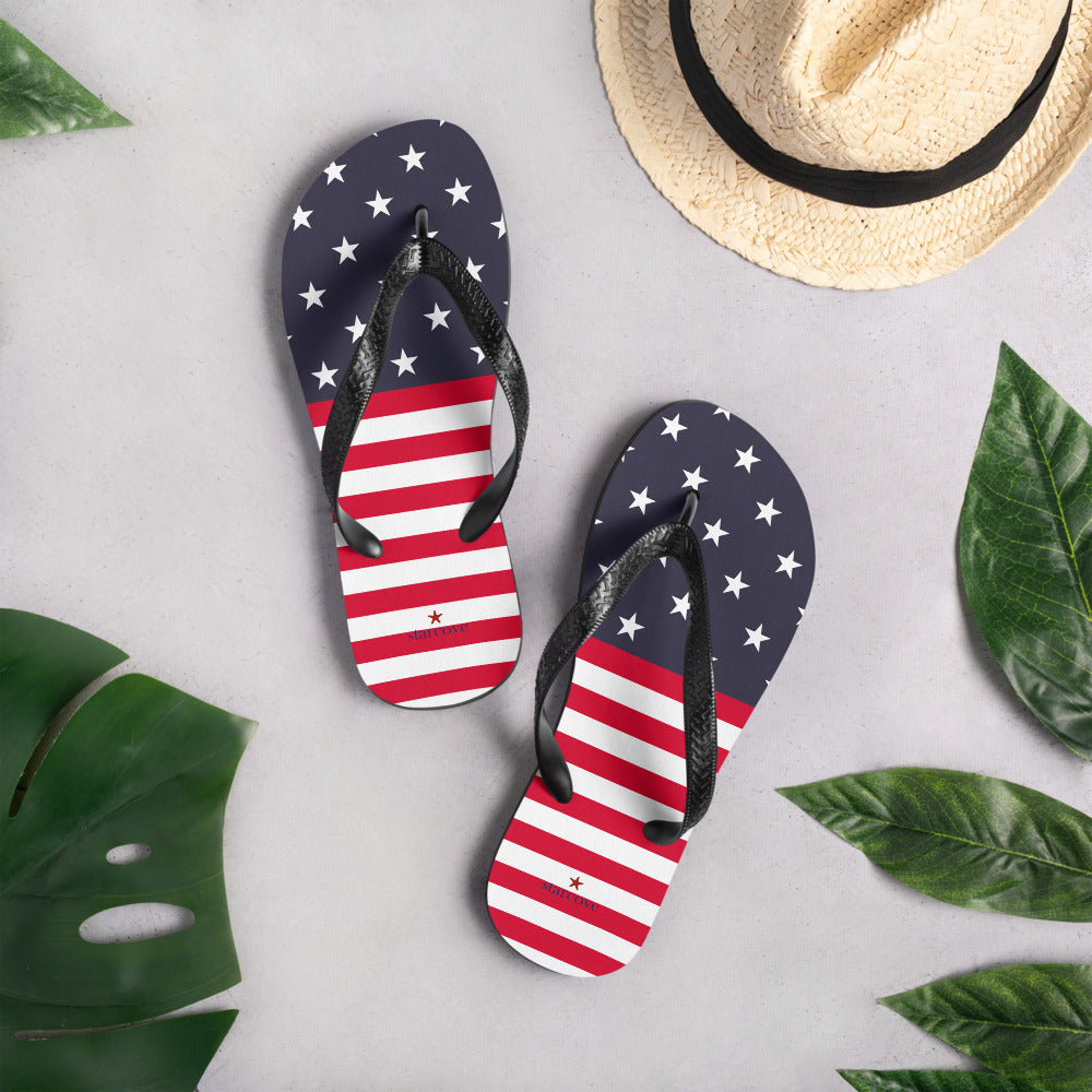 American Flag Flip Flops, Patriotic USA Red White Blue Stars Stripes Thong Sandals Woman Men Beach Print Rubber Slip On Shoes Starcove Fashion
