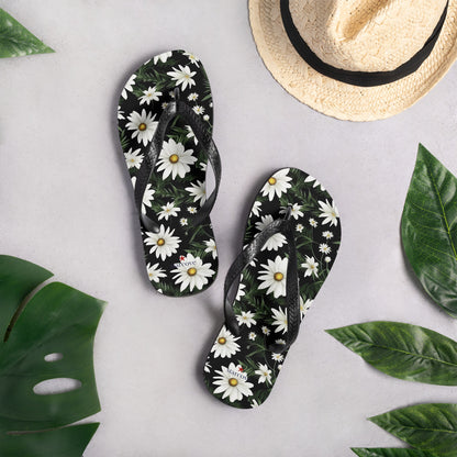 Daisy Flip Flops, White Floral Flowers Comfortable Thong Sandals Summer Woman Men Beach Print Rubber Slip On Shoes