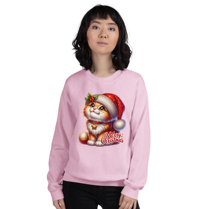 Cat Christmas Sweater, Meowy Cute Kitten Ugly Xmas Print Unisex Women Men Vintage Funny Party Winter Holiday Plus Size Sweatshirt