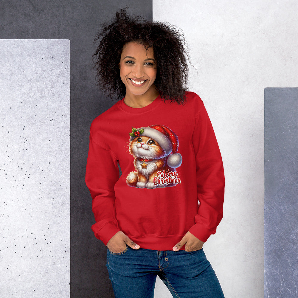 Cat Christmas Sweater, Meowy Cute Kitten Ugly Xmas Print Unisex Women Men Vintage Funny Party Winter Holiday Plus Size Sweatshirt