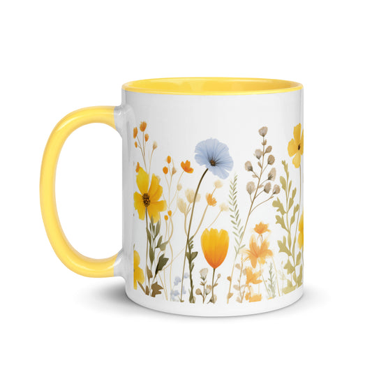 Yellow Floral Coffee Mug, Wild Flowers Garden Watercolor Art Design Ceramic Cup Tea Hot Chocolate Lover Unique Cool Gift