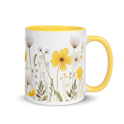 Yellow Floral Coffee Mug, Wild Flowers Garden Watercolor Art Design Ceramic Cup Tea Hot Chocolate Lover Unique Cool Gift