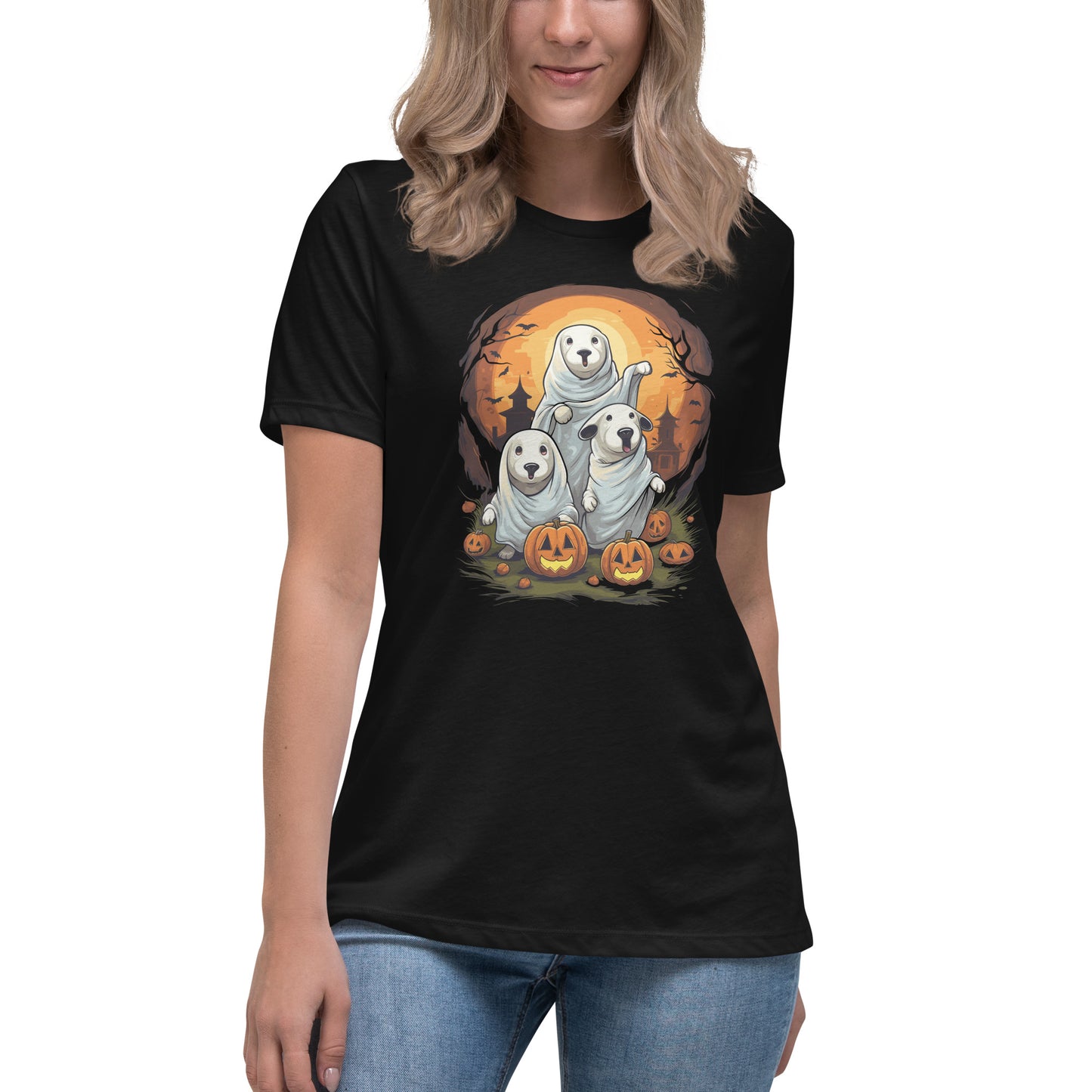 Dog Ghosts Tshirt, Pumpkins Halloween Fall Men Women Adult Aesthetic Graphic Crewneck Short Sleeve Tee Shirt Top