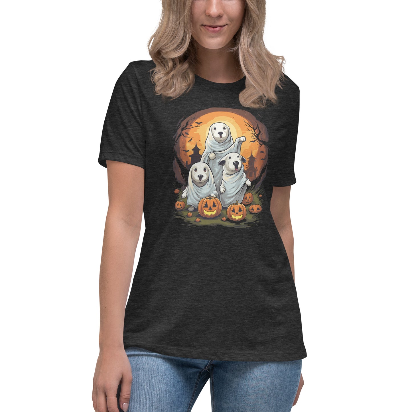 Dog Ghosts Tshirt, Pumpkins Halloween Fall Men Women Adult Aesthetic Graphic Crewneck Short Sleeve Tee Shirt Top